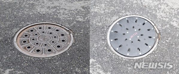 [안양=뉴시스] 사진은 기사와 무관. 함몰된 맨홀(왼쪽)과 '충격 방지구'가 적용된 맨홀(오른쪽). (사진=안양시 제공). 2024.07.15. photo@newsis.com