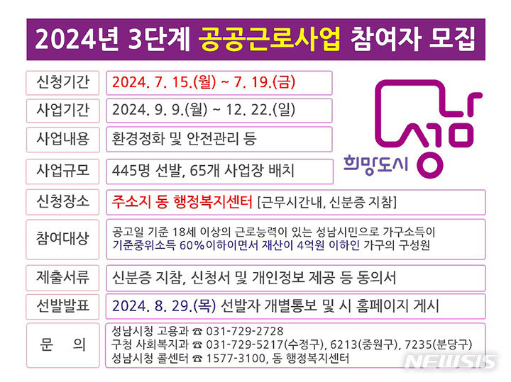 [성남=뉴시스] 성남시 3단계 공공근로사업 참여자 모집 안내문(사진=성남시 제공)