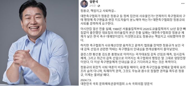 [서울=뉴시스] 홍명보 감독을 국가대표팀 감독으로 선임한 것에 대한 비판적인 여론이 들끓자, 정몽규 축구협회장이 책임지고 사퇴해야 한다고 주장이 제기됐다(사진= 양문석 페이스북 갈무리) *재판매 및 DB 금지