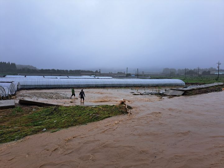 [논산=뉴시스]논산시 연무읍 마산천 제방 일부가 유실되면서 인근 농경지가 침수됐다. (사진=논산시 제공) 2024. 07. 10 *재판매 및 DB 금지
