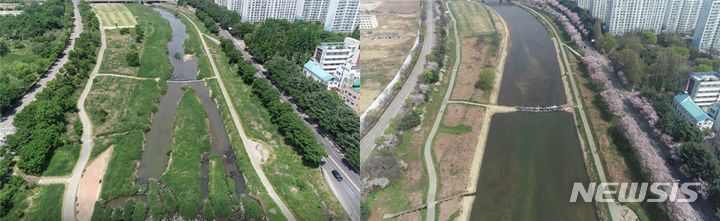 [전주=뉴시스]윤난슬 기자 = 삼천(효자다리~마전교) 퇴적토 제거 전후 모습.(사진=전주시 제공) 