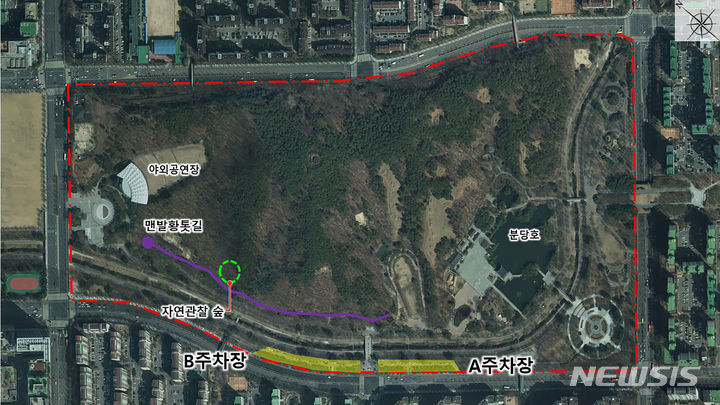 [성남=뉴시스] 성남 중앙공원 주차장(노란색 표시) 위치도. (사진=성남시 제공) 2024.07.11. photo@newsis.com 