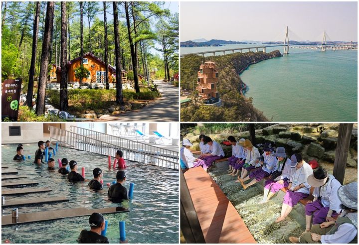 '쉼'이 있는 전남 관광지. 윗줄 왼쪽부터 시계방향으로 광양 백운산자연휴양림, 목포 고하도해상데크, 장흥 마음건강치유센터, 완도 해양치유센터. (사진=전남도 제공) *재판매 및 DB 금지