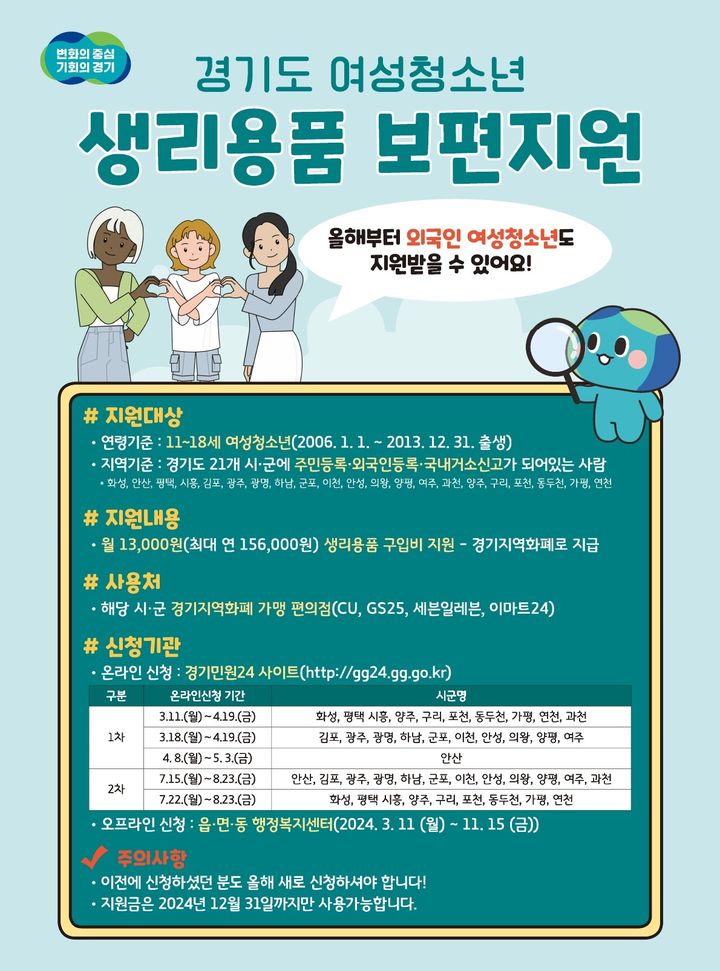 경기도, 여성청소년 생리용품 지원 2차 온라인 접수