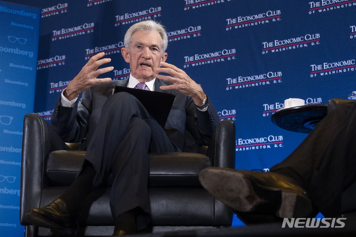 Federal Reserve Chair Jerome Powell participates in a conversation with Economic Club of Washington, DC Chairman David Rubenstein, Monday, July 15, 2024, in Washington. (AP Photo/Manuel Balce Ceneta)