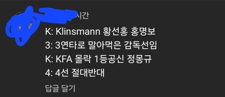[서울=뉴시스] 사진에는 'K: Klinsmann(클린스만) 황선홍 홍명보 3: 3연타로 말아먹은 감독선임 K: KFA 몰락 1등 공신 정몽규 4: 4선 절대 반대'라고 적힌 댓글이 담겼다(사진= 온라인 커뮤니티 갈무리) *재판매 및 DB 금지