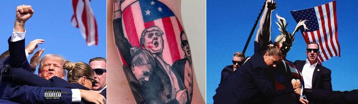 [서울=뉴시스] 도널드 트럼프 전 미국 대통령 총기 피습 사건 이후 온라인상에서 이를 패러디한 '밈'이 쏟아져 나오고 있다. (사진=온라인 커뮤니티 갈무리) *재판매 및 DB 금지