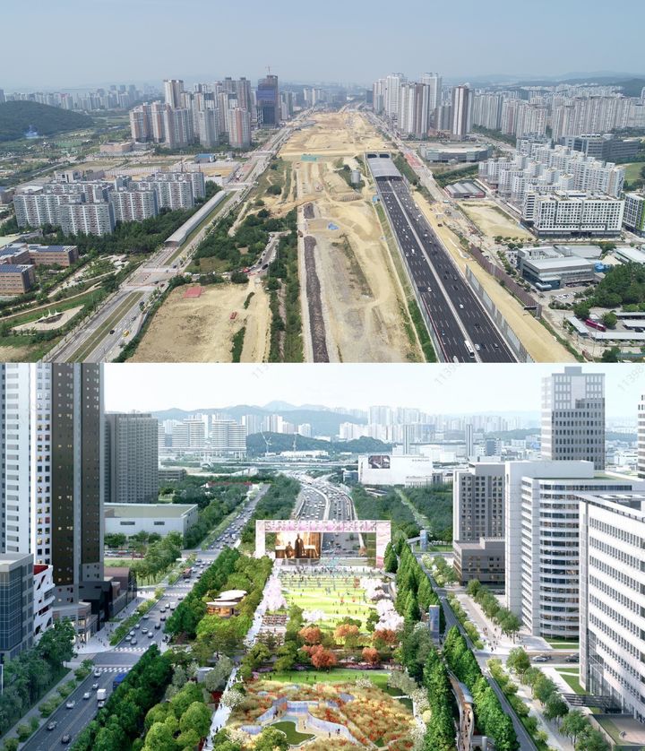 [서울=뉴시스] 동탄터널(중간 부분)의 상부로 공원조성을 위해 성토작업이 진행 중인 모습. 동탄터널 서쪽이 동탄1, 동쪽이 동탄2신도시이다. 아래는 동탄터널 상부공원 조감도로 남측을 바라본 전경. 2024.7.18. (사진=한국토지주택공사 제공) photo@newsis.com *재판매 및 DB 금지