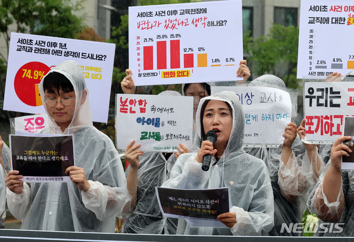 [서울=뉴시스] 이영환 기자 = 교사 출신인 백승아 더불어민주당 의원이 18일 오후 서울 종로구 서울시교육청 앞에서 전국교육대학생연합, 실천교육교사모임, 전국교직원노동조합 좋은교사운동, 초등교사노동조합, 한국교원단체총연합회가 주최한 서이초 사건 1주기 기자회견에서 발언을 하고 있다. 2024.07.18. 20hwan@newsis.com