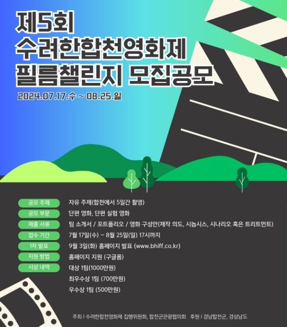 [합천=뉴시스] 수려한합천영화제 필름 챌린지 모집공고 포스터. (사진=합천군 제공) 2024.07.19. photo@newsis.com *재판매 및 DB 금지