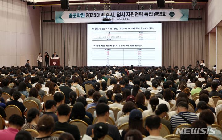 [서울=뉴시스] 김선웅 기자 = 지난 21일 서울 광진구 세종대학교 컨벤션센터에서 열린 종로학원 2025 대입 수시·정시 지원전략 특집 설명회에서 참석 학부모들이 의대 모집정원 확대, 의대 지역인재 60% 선발, 무전공 선발 확대 등 입시 정보 설명을 경청하고 있다. 2024.07.28. mangusta@newsis.com