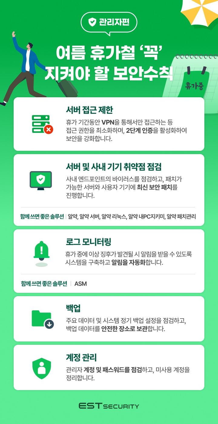 관리자가 여름 휴가철 '꼭' 지켜야 할 보안수칙(사진=이스트시큐리티 제공) *재판매 및 DB 금지