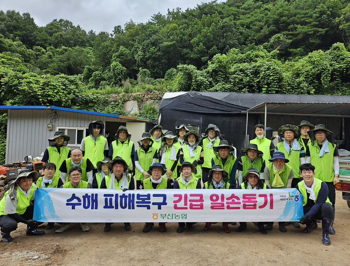 [부산=뉴시스] 부산농협은 23일 최근 집중호우로 침수피해를 입은 경북 안동시 임동면 일대의 농가를 찾아 수해복구를 위한 일손돕기에 나섰다. (사진=부산농협 제공) 2024.07.23. photo@newsis.com *재판매 및 DB 금지