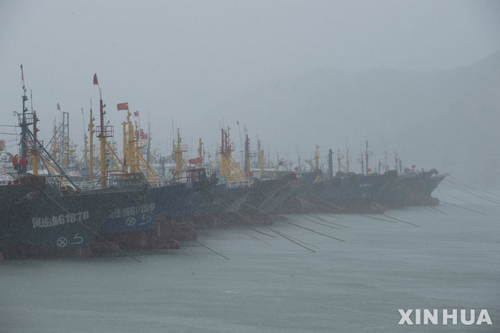 [푸저우(중국)=신화/뉴시스] 올해 세 번째 태풍인 '개미'가 25일 중국 푸젠성 해안을 강타할 것으로 예상됨에 따라 푸젠성과 저장성은 지난 24일 태풍 경보를 격상했다. 사진은 같은 날 푸젠성 푸저우시 롄장현 항구에서 어선들이 태풍을 피해 대피한 모습. 2024.7.25