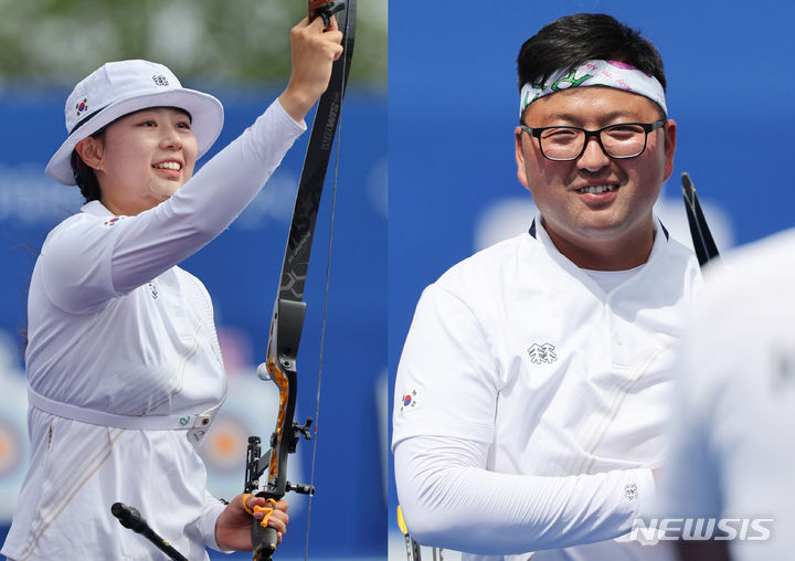 [파리=뉴시스] 김진아 기자 = 2024 파리올림픽 대한민국 양궁대표팀 임시현과 김우진이 지난 25일(현지시간) 프랑스 파리 에펠탑 레쟁발리드에서 열린 개인전 랭킹라운드에서 각각 694점, 686점을 쏘며 1위를 기록했다. 이들은 남녀 개인전과 단체전에 이어 혼성 단체전에도 출전한다. 2024.07.25. bluesoda@newsis.com