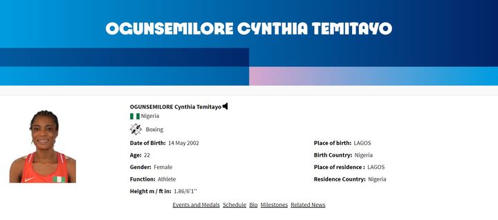 [서울=뉴시스] 28일(현지시각) AP통신에 따르면 파리올림픽 기간 약물 검사를 시행하는 독립기구 국제검사기구(ITA)는 전날 나이지리아 여자 복싱 선수 신시아 오건스밀러(Cynthia Ogunsemilore)가 금지 약물 양성을 보였다고 밝혔다. (사진=파리올림픽 조직위위원회 공식 정보제공 사이트 마이인포 캡처). 2024.07.28. photo@newsis.com *재판매 및 DB 금지