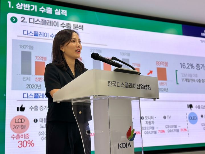 [서울=뉴시스]한국디스플레이산업협회가 30일 서울 송파구 디스플레이산업회관에서 '2024년 상반기 수출 실적 및 하반기 전망'을 발표했다. 조은숙 산업정책실장이 브리핑을 하고 있다. (사진 = 디스플레이산업협회) photo@newsis.com&nbsp; *재판매 및 DB 금지