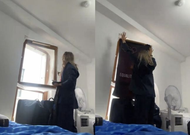 [서울=뉴시스] 29일(현지시간) 미 NBC '투데이쇼'에 따르면 미국 육상선수 샤리 호킨스는 최근 자신의 SNS를 통해 커튼이 설치되지 않은 선수촌 숙소 상황을 알렸다. (사진=틱톡 갈무리) *재판매 및 DB 금지