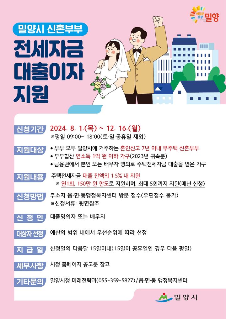 [밀양=뉴시스] 신혼부부 전세자금 대출이자 지원사업 안내문. (사진=밀양시 제공) 2024.08.01. photo@newsis.com *재판매 및 DB 금지