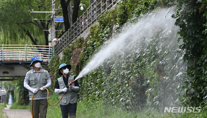 [수원=뉴시스] 김종택 기자 = 말라리아 감염자 조기진단 사업을 통해 136명의 환자가 발견된 것으로 나타났다. 사진은 지난달31일 경기도 수원시 팔달구 수원천에서 보건소 관계자들이 방역 작업을 하고 있는 모습. 2024.07.31. jtk@newsis.com