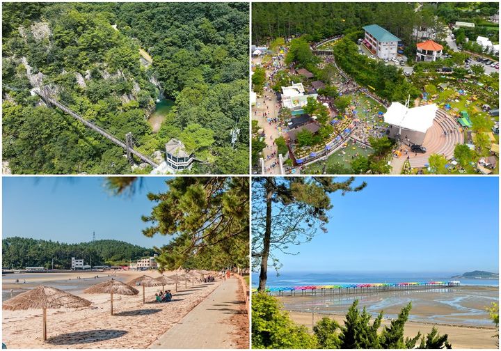 전남도 8월 추천 여행지, 윗줄 왼쪽부터 시계 방향으로 담양 가마골생태공원, 영암 기찬랜드, 함평 돌머리해수욕장, 해남 송호해수욕장. (사진=전남도 제공) *재판매 및 DB 금지