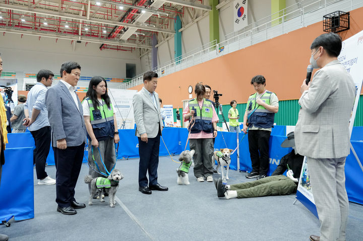 [제주=뉴시스] 지난 7월15일 제주종합경기장 제주복합체육관에서 열린 '제주 안전지킴이 발대식'에 참여한 '댕댕이 안전지킴이'들이 활동을 시연하고 있다. (사진=제주도 제공) 2024.08.01. photo@newsis.com *재판매 및 DB 금지