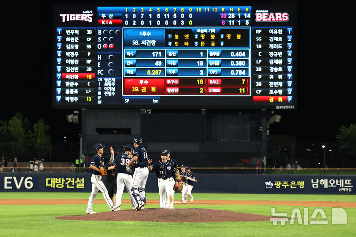 [서울=뉴시스] 이영환 기자 = 두산이 역대 KBO(한국야구위원회)리그 역대 한 경기 최다 득점 기록을 세웠다. 두산은 31일 열린 프로야구 광주 KIA전에서 30대6으로 이기고 전날에 이어 2연승 했다. 1회 1점, 3회 7점, 4회 1점, 5회 5점, 6회 11점, 7회 5점을 냈다. 삼성이 1997년 5월 4일 대구에서 LG를 맞아 27대5로 승리하면서 세웠던 종전 득점 기록을 3점 넘어섰다. 두산은 또 역대 한 경기 최다 점수 차 승리(24점)도 거뒀다. KIA가 2022년 7월 24일 사직에서 롯데를 23대0으로 이기면서 작성한 기록(23점 차 승리)을 1점 경신했다. (사진=두산베어스 제공) 2024.08.01. photo@newsis.com