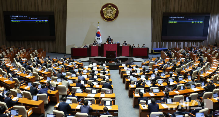 [서울=뉴시스] 조성우 기자 = 1일 오후 서울 여의도 국회에서 열린 제416회(임시회) 제2차 본회의에서 노경필 대법관 임명동의안이 재적 300인, 가 272표, 부 10표, 기권 1표로 박영재 대법관 임명동의안이 재적 300인, 가 269표, 부 12표, 기권 2표로 각각 통과되고 있다. 2024.08.01. xconfind@newsis.com