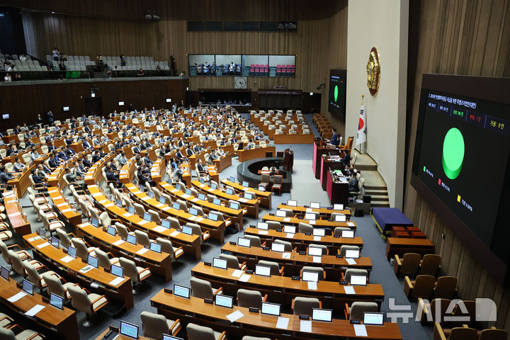 [서울=뉴시스] 권창회 기자 = 2일 오후 서울 여의도 국회에서 열린 제416회(임시회) 제2차 본회의에서 2024년 민생회복지원금 지급을 위한 특별조치법안이 재적300인 중 재석 187인, 찬성 186인으로 통과되고 있다. 2024.08.02. kch0523@newsis.com