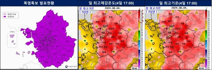 폭염특보 발표현황, 일 최고체감온도, 일 최고기온 분포도. (사진=수도권기상청 제공) *재판매 및 DB 금지