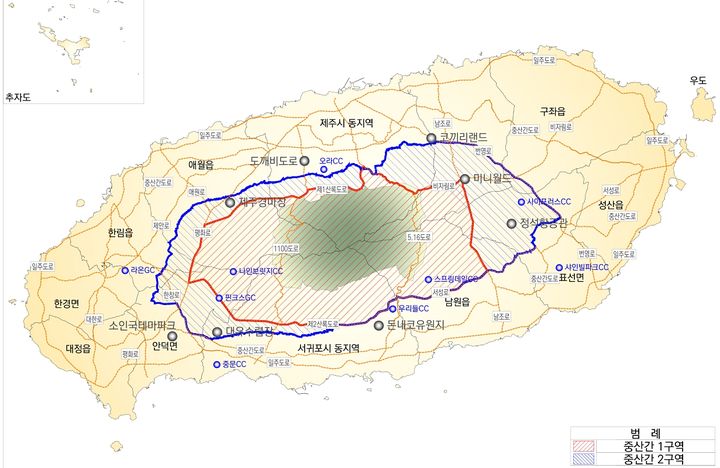 [제주=뉴시스] 제주도내 중산간(표고 200~600m) 1구역과 2구역 도면. (사진=제주도 제공) 2024.08.05. photo@newsis.com *재판매 및 DB 금지