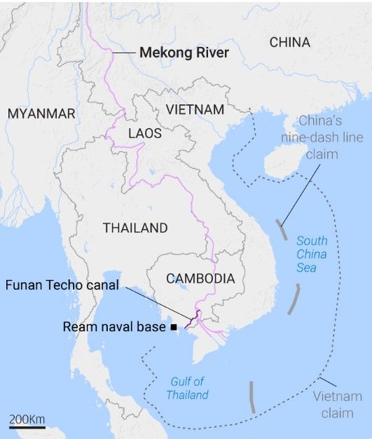 메콩강에서 캄보디아 해안에 이르는 180km 길이의 푸난 테초 운하 지도(SCMP 캡처) 2024.08.05. *재판매 및 DB 금지