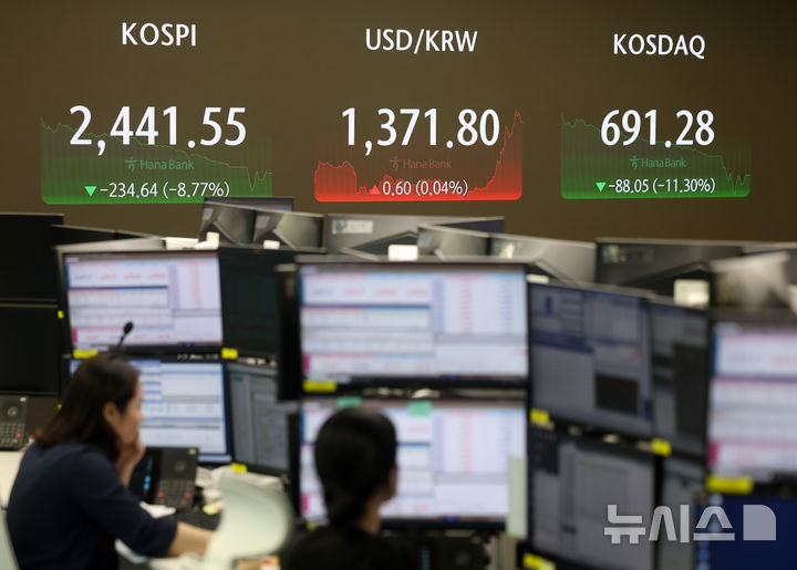 [서울=뉴시스] 김명년 기자 = 코스피가 전 거래일(2776.19)보다 234.64포인트(8.77%) 하락한 2441.55에 장을 마친 5일 오후 서울 중구 하나은행 딜링룸에서 딜러들이 업무를 보고 있다. 코스닥 지수는 전 거래일(779.33)보다 88.05포인트(11.30%) 내린 691.28에 거래를 종료했다. 2024.08.05. kmn@newsis.com