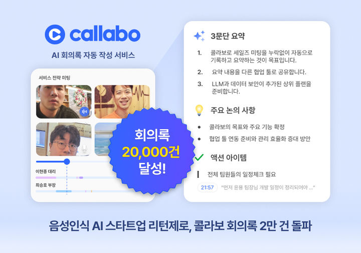 [서울=뉴시스]AI 회의록 자동 작성 서비스 ‘콜라보’ 처리 회의 수 2만 건 돌파.(사진=리턴제로 제공) *재판매 및 DB 금지