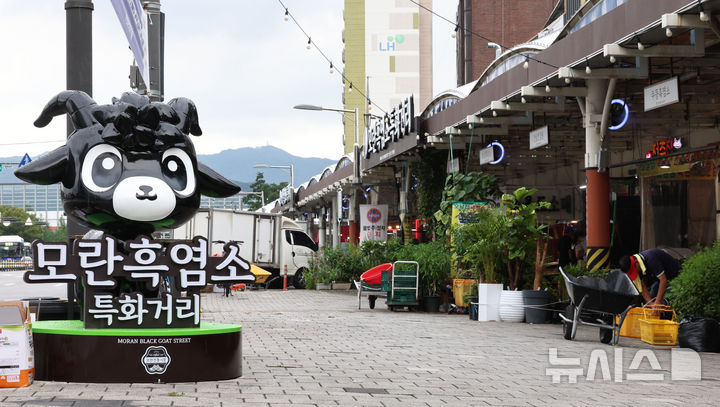 [성남=뉴시스] 김금보 기자 = 개식용종식법 시행일인 7일 오전 경기 성남시 모란시장 보신탕거리에 '모란 흑염소 특화거리' 입간판이 설치돼 있다. '개의 식용 목적의 사육·도살 및 유통 등 종식에 관한 특별법 시행령안' 시행에 따라 정부는 오는 2027년 2월 7일까지 3년의 유예기간을 두고 개 식용 업계에 전·폐업을 지원한다. 2024.08.07. kgb@newsis.com