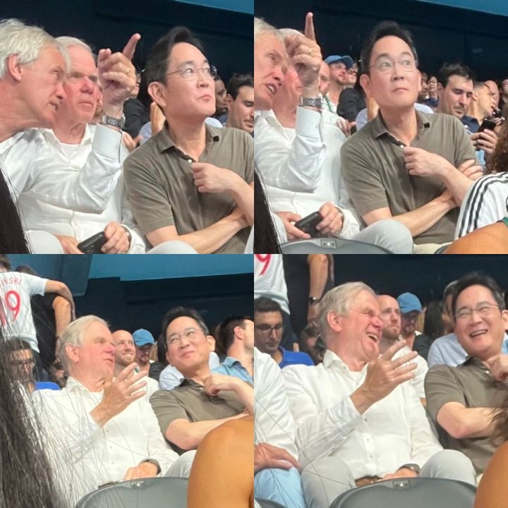 [서울=뉴시스]이재용 삼성전자 회장이 3일 파리 올림픽 수영 경기장을 찾아 피터 베닝크 전 ASML 최고경영자(CEO)와 함께 경기를 관람하고 있다. (사진 출처 = 중국 웨이보) 2024.08.08. photo@newsis.com&nbsp; *재판매 및 DB 금지