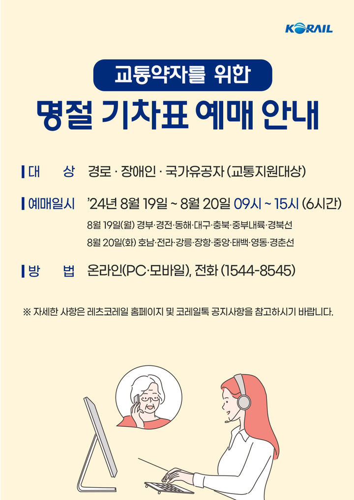 [대전=뉴시스] 한국철도공사는 올 추석 명절 승차권 예매를 19~22일 나흘간 진행한다. 19~20일 이틀간은 교통약자를 위한 별도예매를, 이후 이틀간은 전국민을 상대로 예매가 이뤄진다.(사진=코레일 제공) *재판매 및 DB 금지