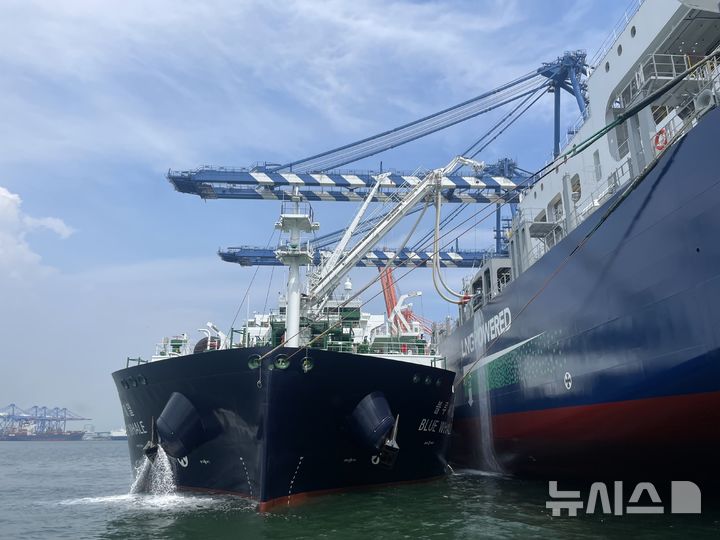 [서울=뉴시스] LNG 컨테이너 선박 벙커링·하역 동시작업. (사진=해양수산부 제공)