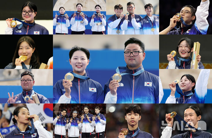 [서울=뉴시스] 전신 기자 = 대한민국이 2024 파리 올림픽에서 금메달 13개, 은메달 9개, 동메달 10개 총 32개 메달로 이번 대회를 마쳤다. 사진은 2024 파리 올림픽 한국 금메달리스트 모습.사진 중앙은 2024 파리 올림픽 최우수선수(MVP)로 선정된 양궁 김우진·임시현. 사진 맨 왼쪽 상단부터 시계방향으로 사격 여자 10m 공기권총 오예진, 양궁 여자 단체 임시현·전훈영·남수현, 양궁 남자 단체 김우진·김제덕·이우석, 펜싱 남자 사브르 개인 오상욱, 사격 여자 권총 25m 양지인, 양궁 여자 개인 임시현, 태권도 여자 57kg급 김유진, 태권도 남자 58kg급 박태준, 펜싱 남자 사브르 단체 오상욱·구본길·박상원·도경동, 배드민턴 여자 단식 안세영, 양궁 남자 개인 김우진, 사격 여자 10m 공기소총 반효진. (사진=뉴시스DB·AP) 2024.08.11. photo@newsis.com