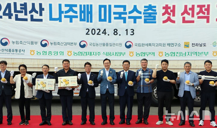 [나주=뉴시스] 13일 나주시 부덕동에 위치한 농산물산지유통센터 수출선과장에서 올해 첫 나주배 대미 수출 선적식이 열렸다. (사진=나주시 제공) 2024.08.14. photo@newsis.com *재판매 및 DB 금지