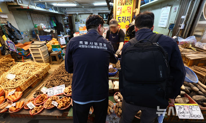 [서울=뉴시스] 전신 기자 = 서울 동대문구 경동시장에서 국립농산물품질관리원 원산지 단속팀이 추석을 앞두고 농수산물 원산지 표시 현황을 점검을 하고 있다. 2024.08.19. photo1006@newsis.com