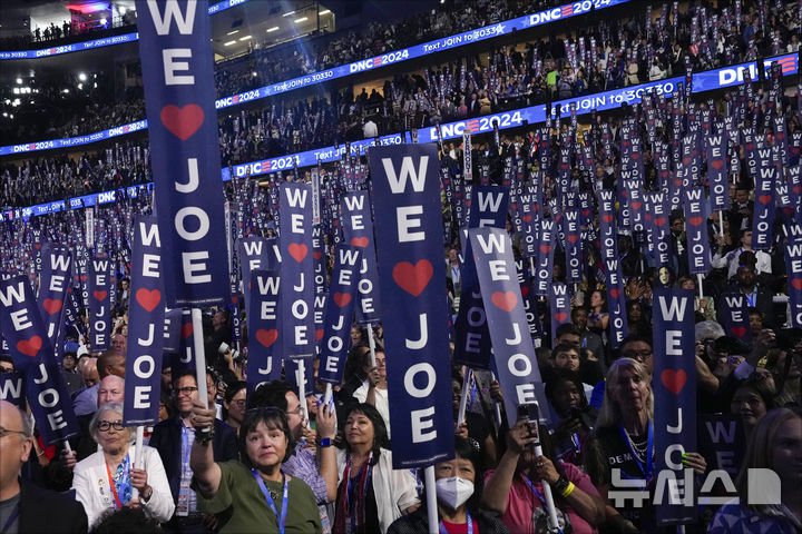 Delegates hold signs as President Joe Biden speaks during the first day of Democratic National Convention, Monday, Aug. 19, 2024, in Chicago. (AP Photo/Jacquelyn Martin)