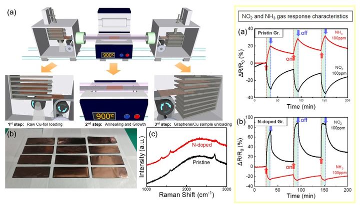 [서울=뉴시스] Conveyor-CVD 개념도 및 합성된 시료, 라만분광특성, 순수 및 질소 도핑된 그래핀 기반 이산화질소 (NO2) & 암모니아 (NH3) 가스 감지 응답 특성 (사진=세종대 제공) *재판매 및 DB 금지