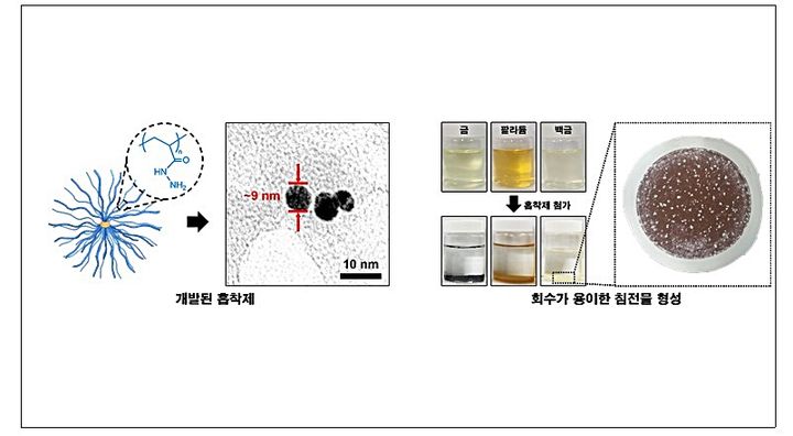 [대전=뉴시스] 고려대학교 이정현 교수와 한국과학기술연구원 최재우 박사팀이 개발한 흡착제의 구조 및 유가금속 흡착 특성. 유가금속이 녹아있는 용액에 첨가했을 때 빠르게 유가금속이 흡착된 침전물을 형성하고 생성된 침전물은 필터를 통해 쉽게 회수되는게 확인된다.(사진=이정현 교수·최재우 박사 제공) *재판매 및 DB 금지