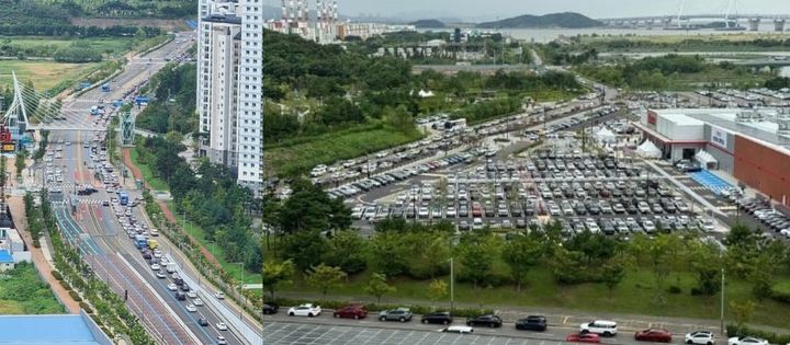 [서울=뉴시스] 22일 정식으로 오픈한 코스트코 인천 청라점을 방문하기 위해 인파가 몰린 근황이 알려졌다. (사진= 온라인 커뮤니티 갈무리) *재판매 및 DB 금지