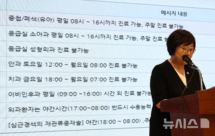 [서울=뉴시스] 김금보 기자 = 최안나 대한의사협회 총무이사 겸 대변인이 22일 오후 서울 용산구 대한의사협회에서 열린 일일 브리핑에서 응급실 의료공백 사태가 심각한 상황임을 알리고 있다. 2024.08.22. kgb@newsis.com