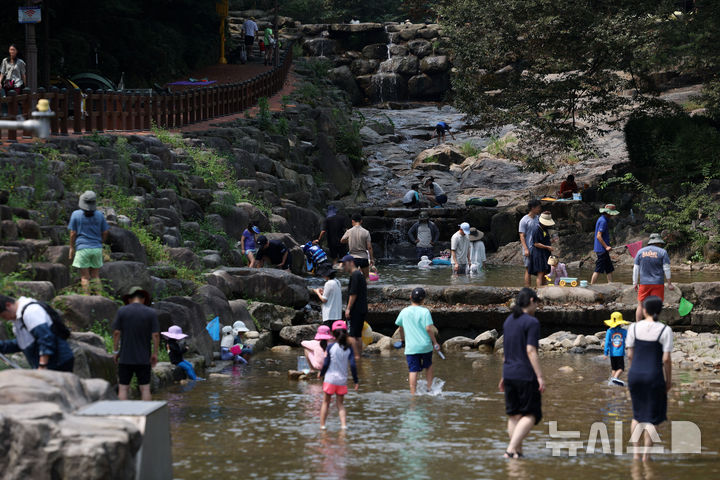 [과천=뉴시스] 홍효식 기자 = 연일 무더위가 계속되는 25일 경기 과천시 과천향교 인근 계곡을 찾은 시민들이 물놀이를 하며 더위를 식히고 있다. 2024.08.25. yesphoto@newsis.com