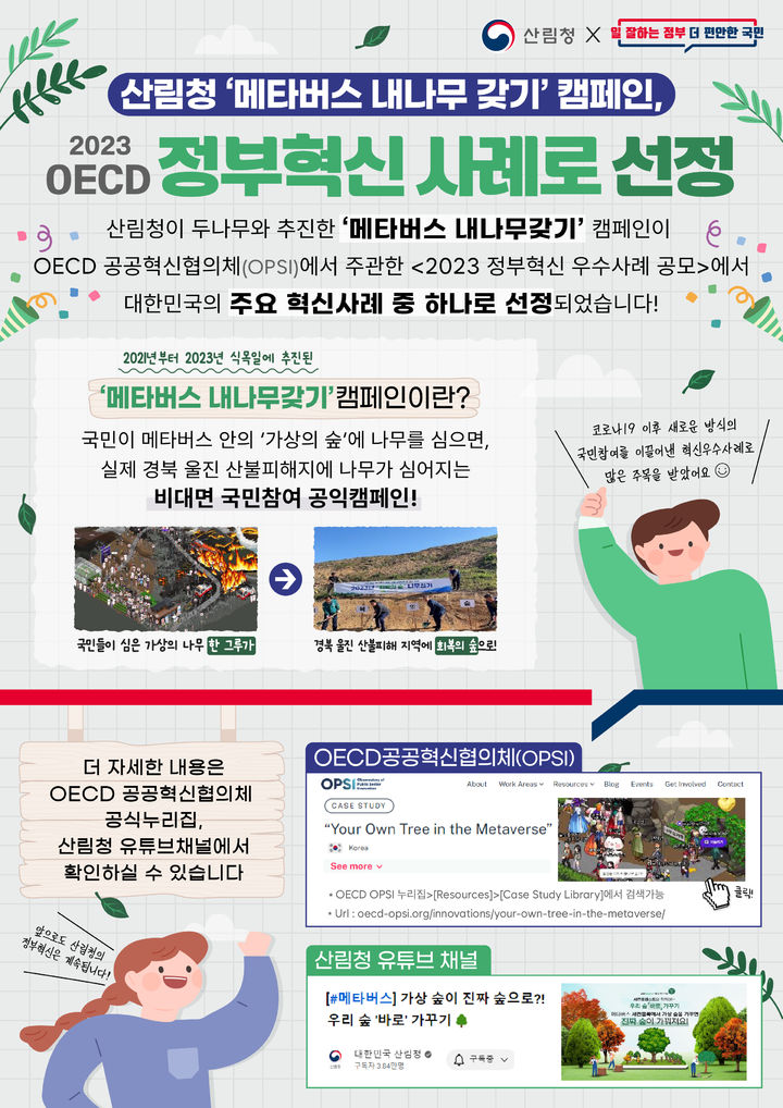 [대전=뉴시스] 경제협력개발기구(OECD) 공공혁신협의체(OPSI)가 산림청의 '가상현실 속 내 나무갖기 캠페인'을 전 세계 정부혁신 우수사례로 선정했다. (사진=산림청 제공) 2024.08.26. photo@newsis.com *재판매 및 DB 금지