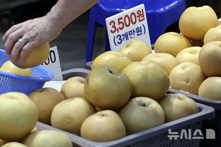 [서울=뉴시스] 최동준 기자 = 26일 서울 시내 전통시장에서 시민이 배를 구매하고 있다.  한국물가협회는 올해 추석 차례상을 차리는 데 드는 비용이 지난해 추석보다 9% 늘었다고 밝혔다. 도라지, 고사리, 곶감, 대추, 밤, 배 등 품목은 1년 전 조사와 비교해 가격이 20% 이상 상승했다. 2024.08.26. photocdj@newsis.com