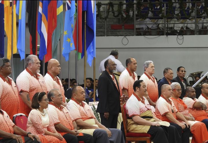 [누쿠알로파(통가)=AP/뉴시스] 26일 태평양의 섬나라 통가의 누쿠알로파에서 열린 태평양도서국포럼(PIF)의 개막식에 섬나라 정상과 대표들이 참석하고 있다. 2024.08.27.&nbsp; *재판매 및 DB 금지